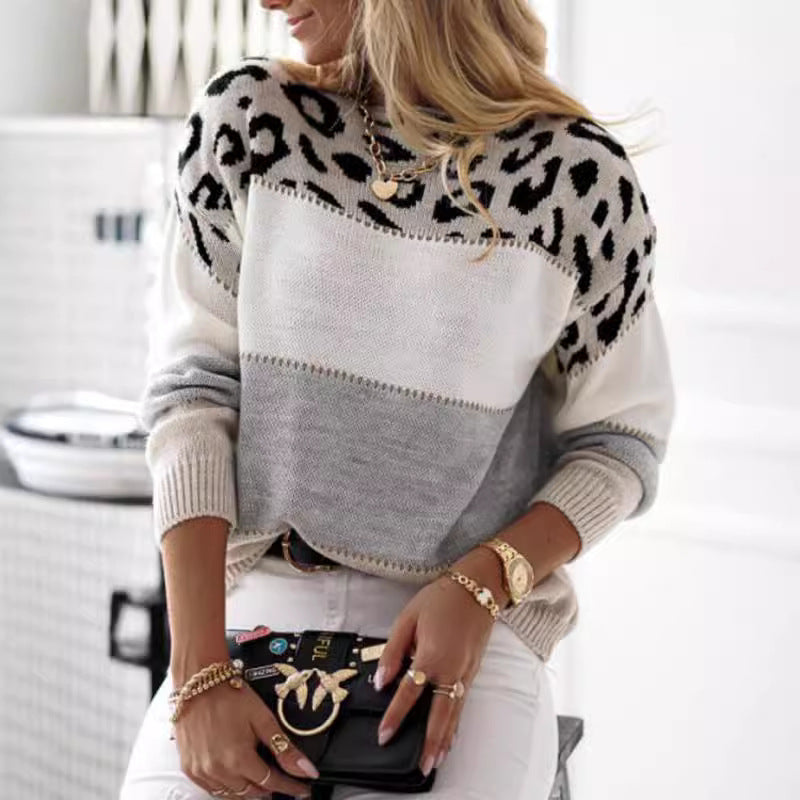Women's Pullover Long Sleeve Bottoming Shirt Leopard Print Crew Neck Knitwear