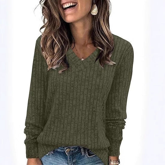 Women's Sunken Stripe Long-sleeved Solid Color Brushed Women's Sweater