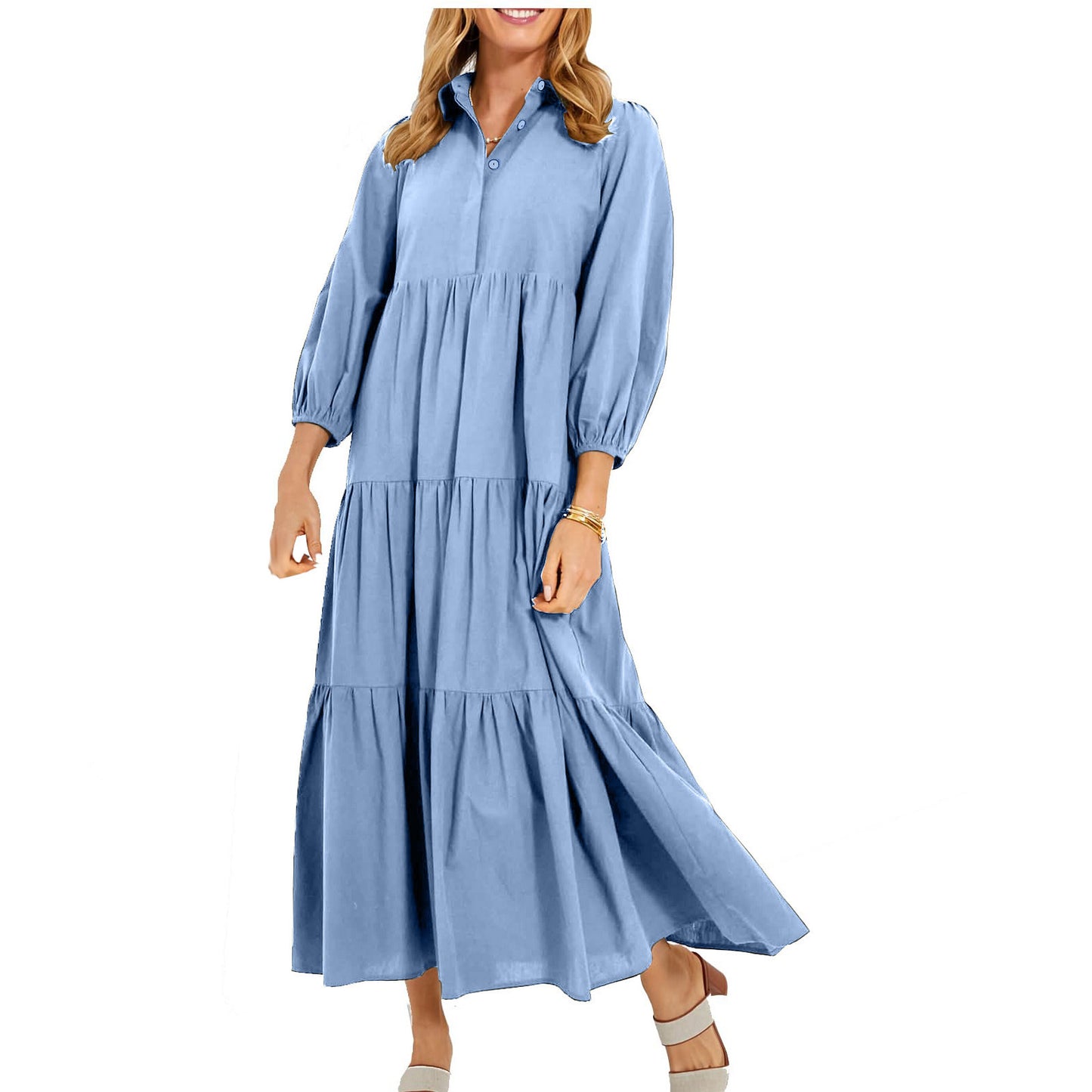Women's Button Lapel Long Fashion Pullover High Waist Casual Solid Dress