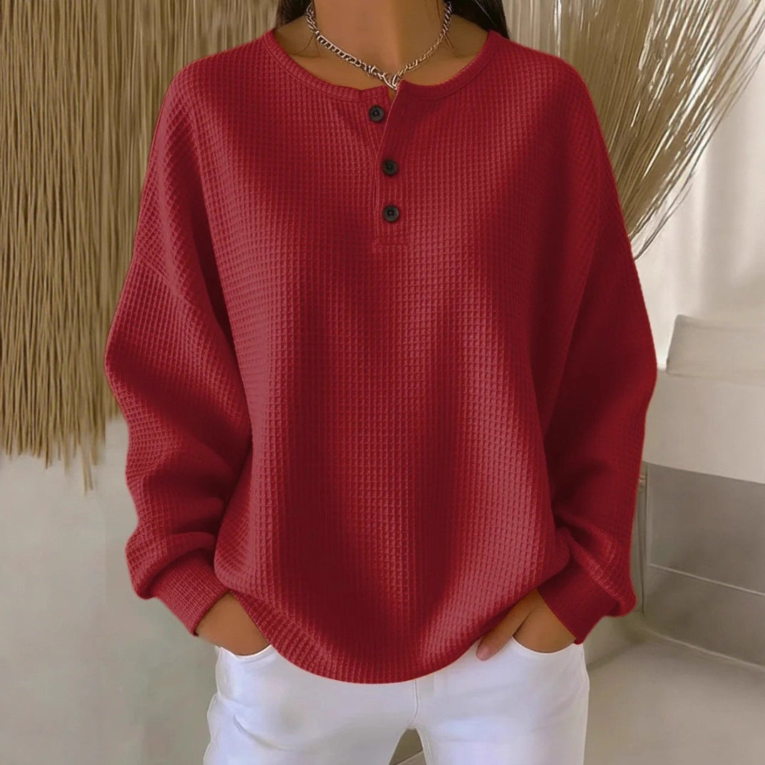 Round Neck Waffle Solid Color Pullover Women's Sweater
