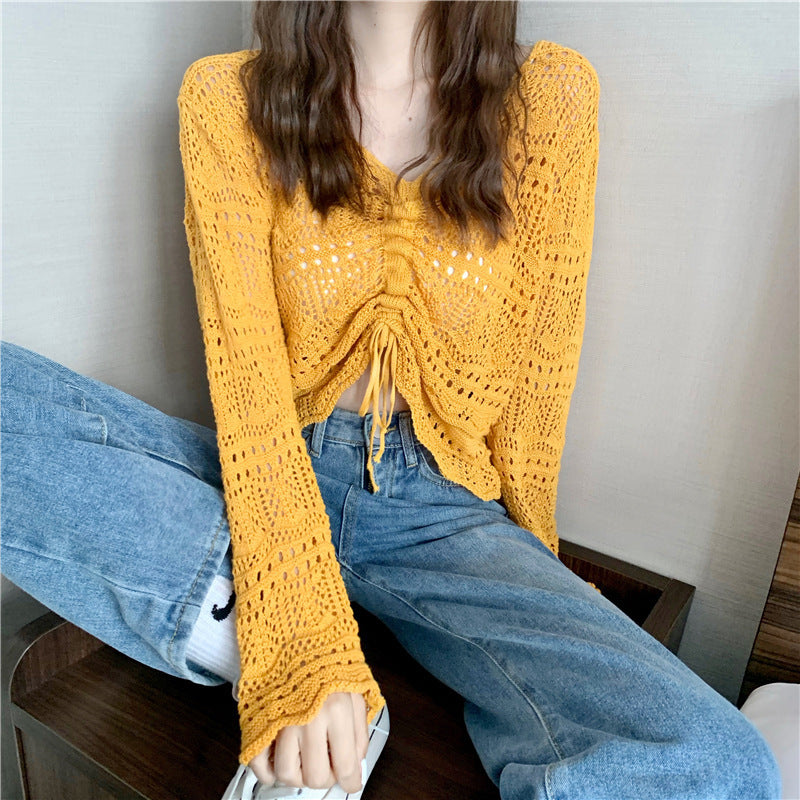 Women's Summer Hollow Korean Drawstring Temperamental Fashion Women's Sweater