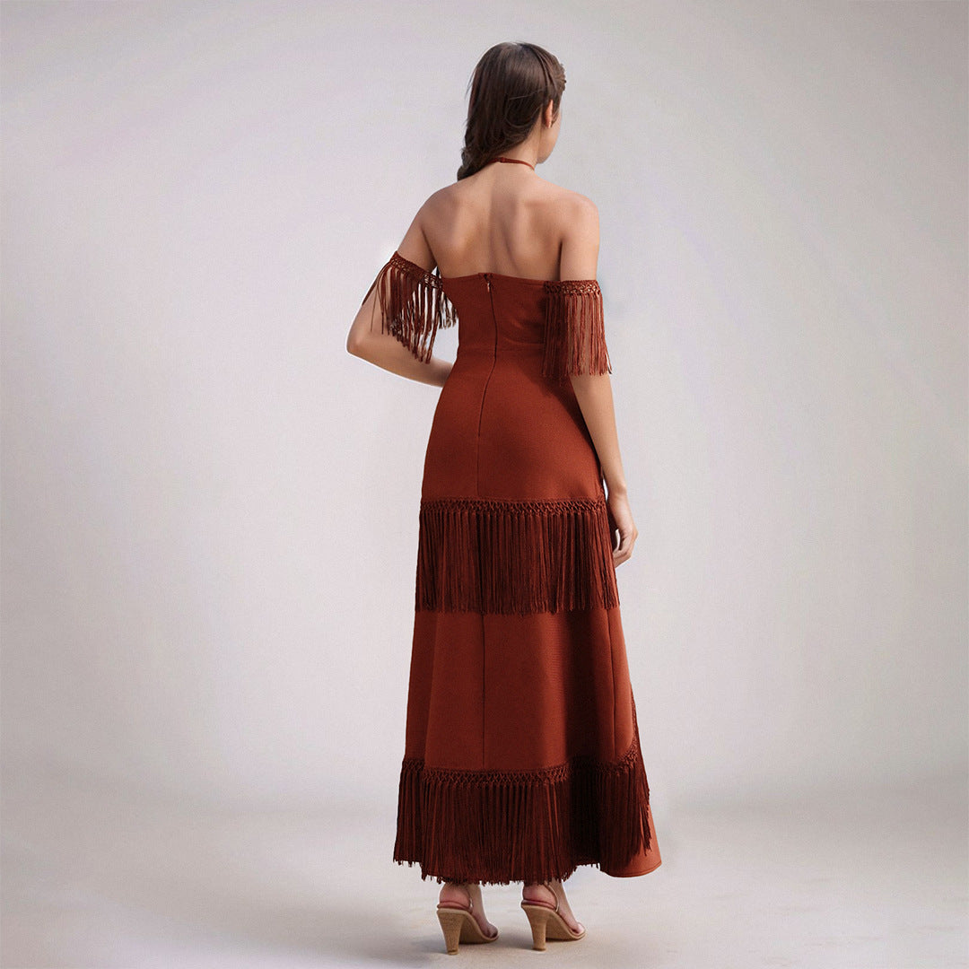 Women's Halter Boho Style Off Shoulder Bandage Stitching Tassel Long Dress