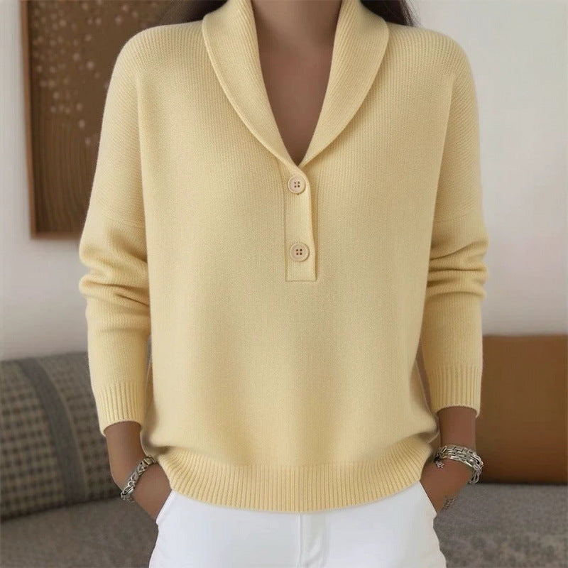 Women's Button Solid Color Collar Casual Fashion Sweater