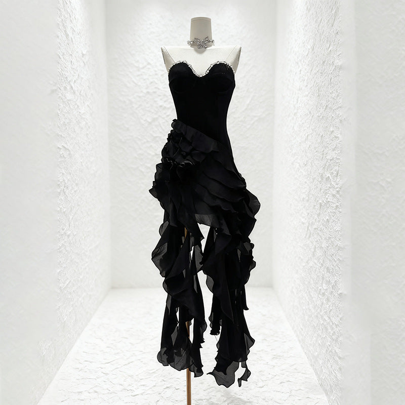 Women's Diamond Decorations Tube Ruffled Dress Autumn Dresses