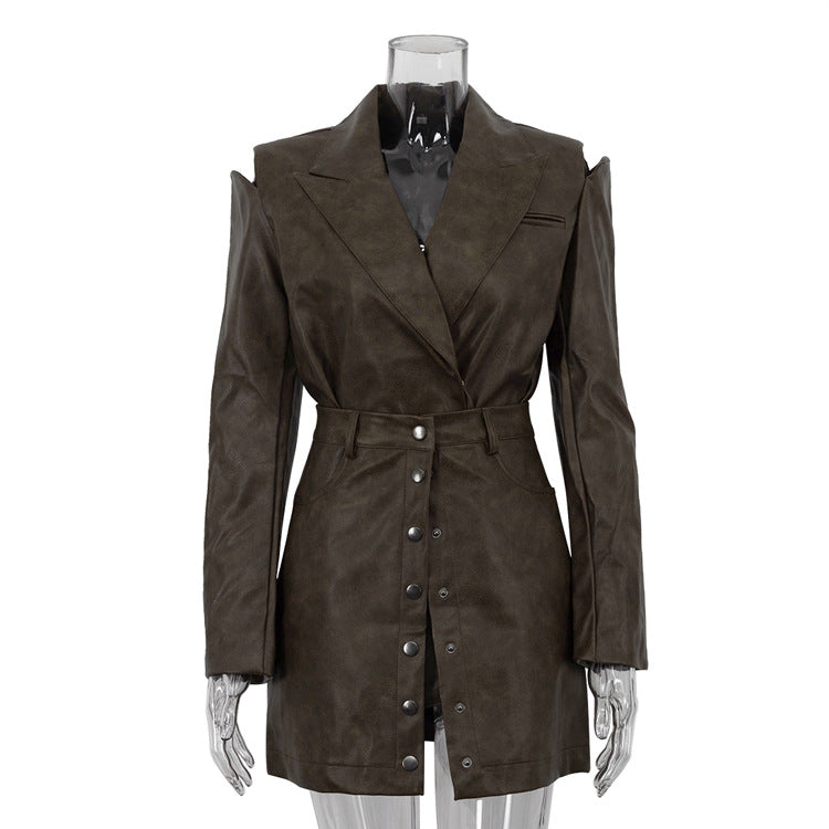 Women's Retro Fashion Leather Design Long-sleeved High-grade Suits