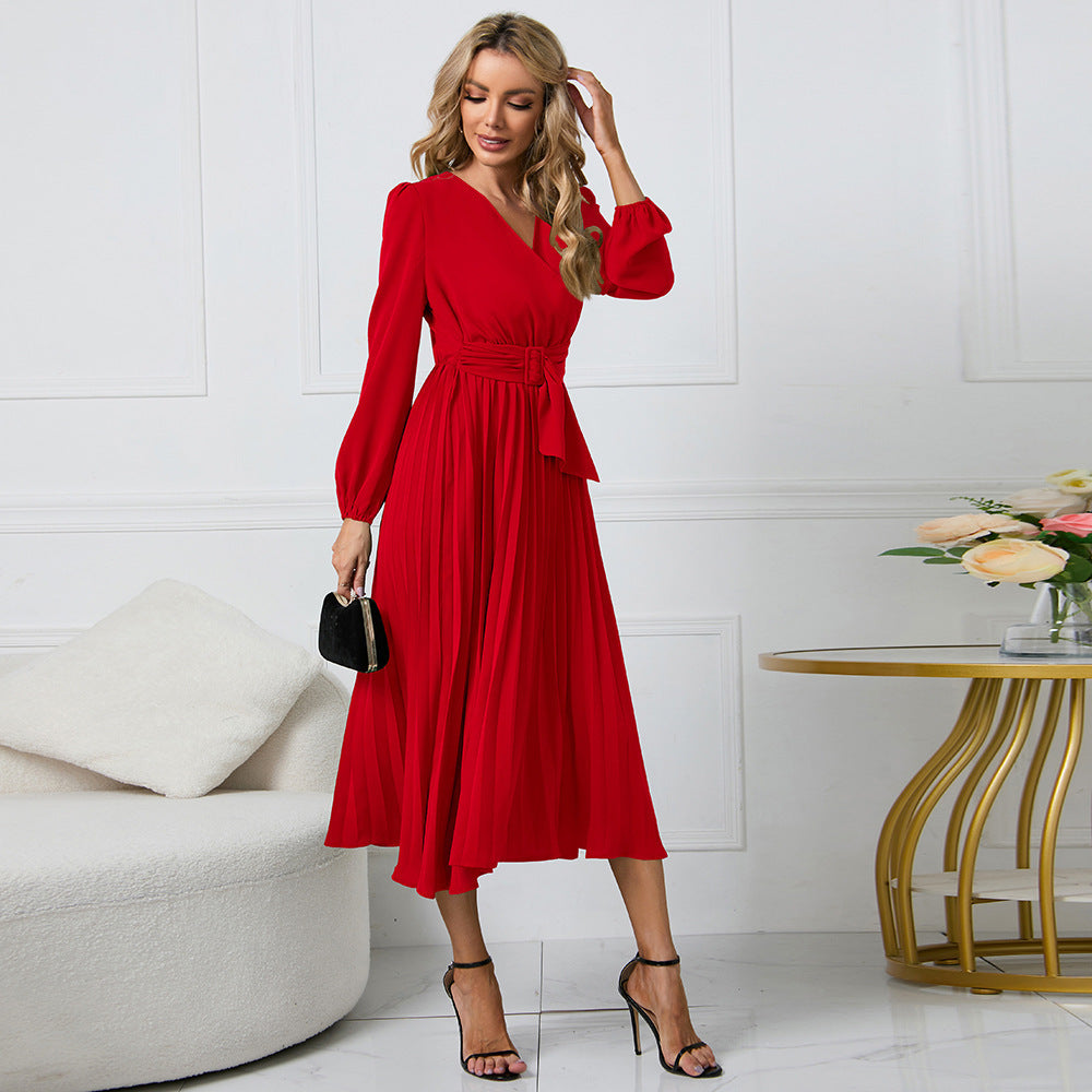 Women's Slimming Wear Long Sleeve Pleated Belt Dresses