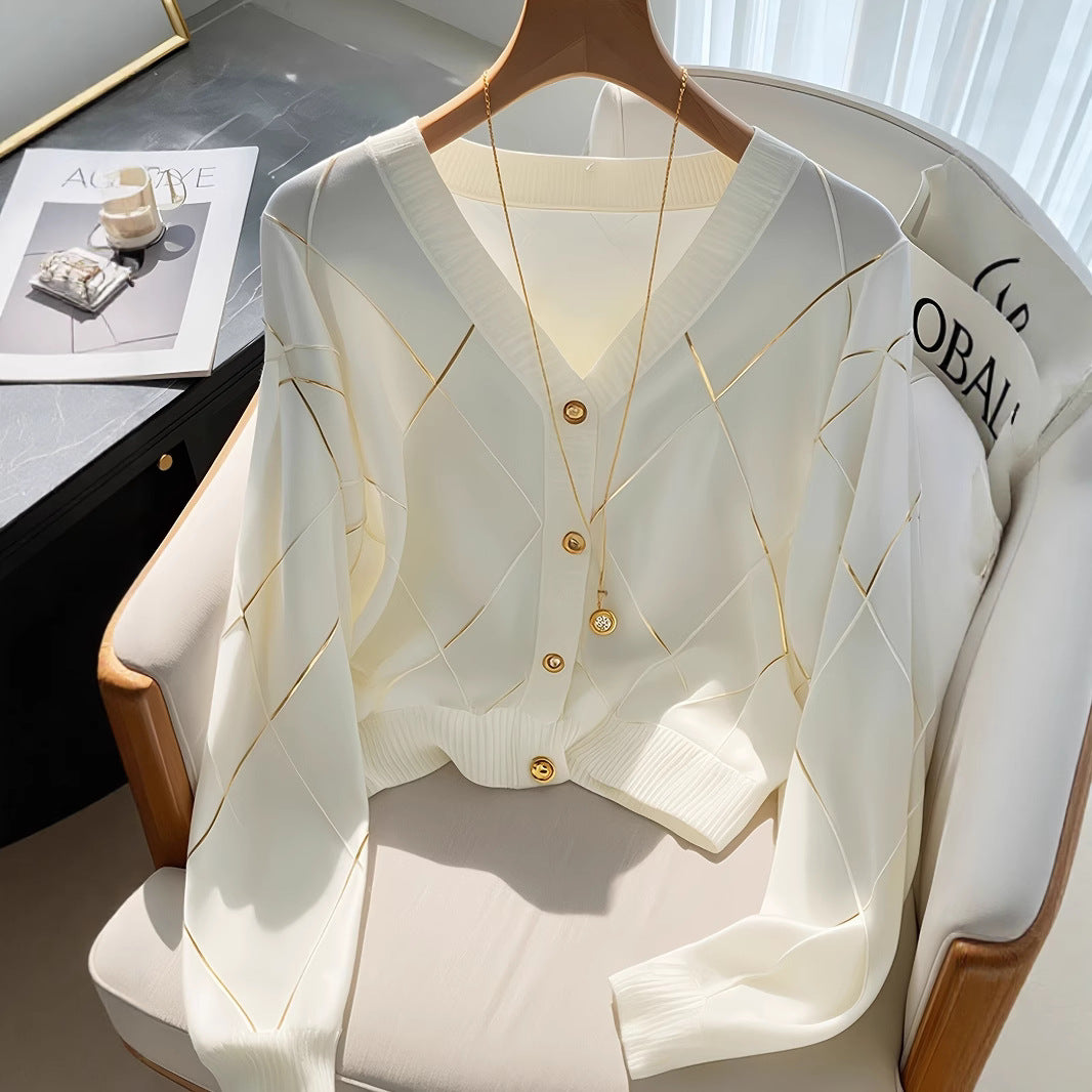 Women's White Rhombus Stripe Knitted Long Sleeve Women's Sweater