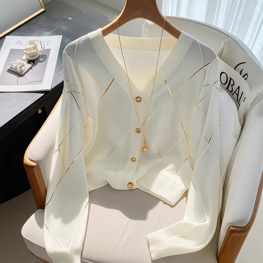 Women's White Rhombus Stripe Knitted Long Sleeve Women's Sweater