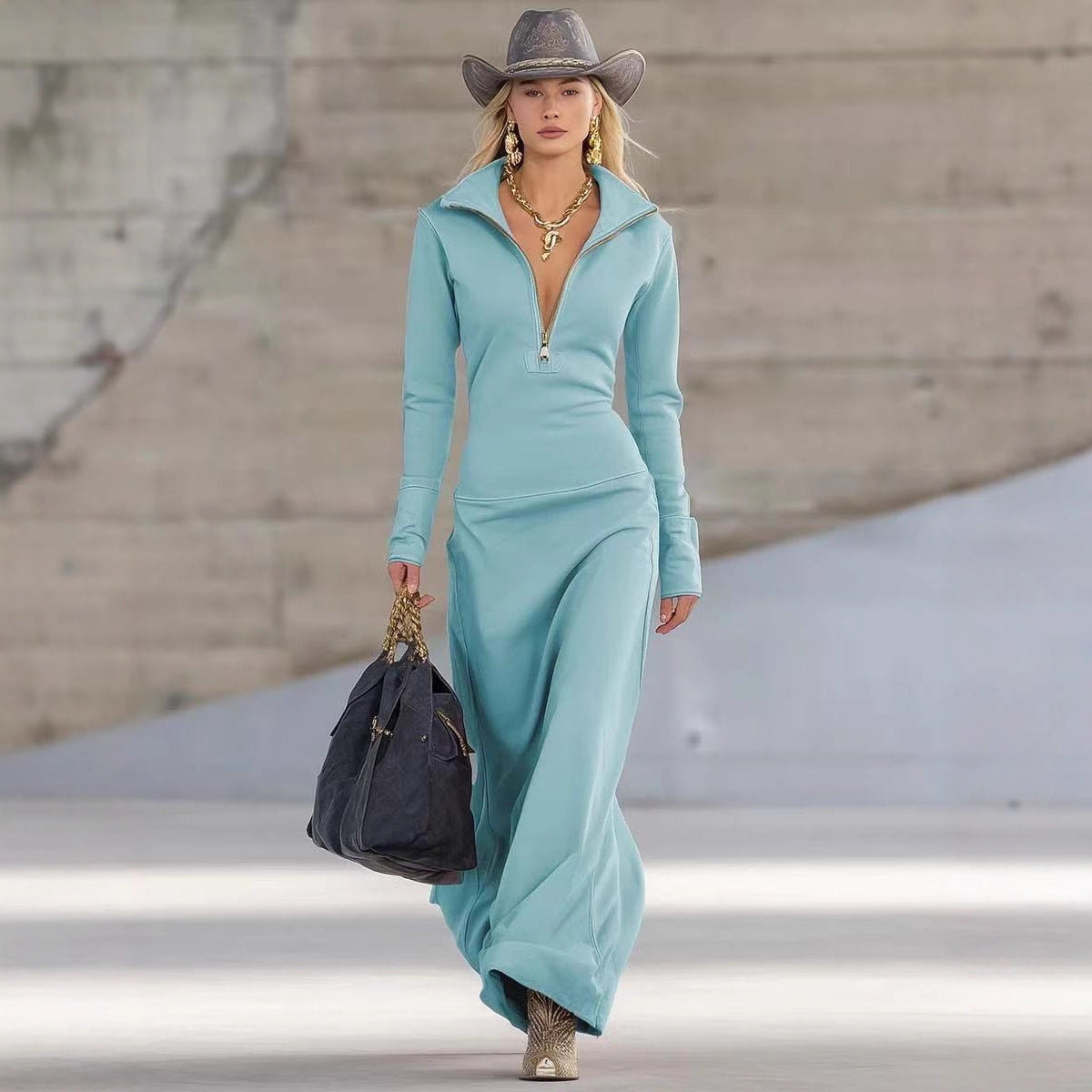 Women's Zipper Collar Casual Long-sleeved Dress Dresses