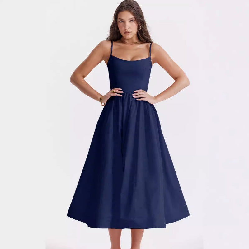 Women's Color Sexy Backless Spaghetti Straps Large Dress