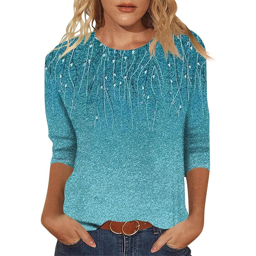 Women's Printed Sleeves Loose Crew Neck Casual Blouses