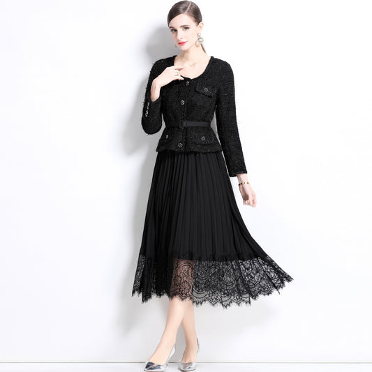 Sleeve Single-breasted Lace Up Waist Stitching Dresses