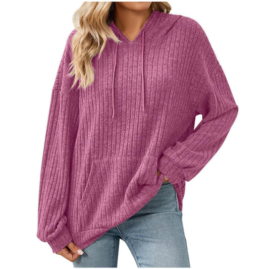 Women's Color Long Sleeve Hooded Sunken Stripe Women's Sweater, Sweater