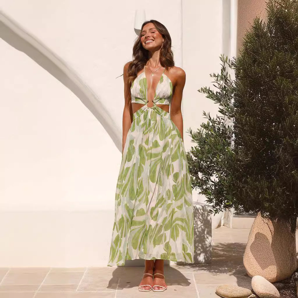 Women's Summer Backless Lace Printing Swing Long Dresses