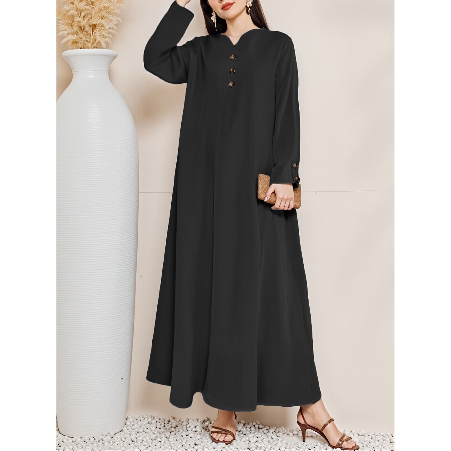 Women's Casual Woven Fake Button Design Loose Dress