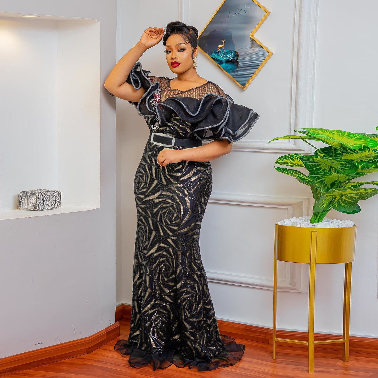 Women's Slim Fishtail Long Dress Off Shoulder Lotus Leaf Dresses