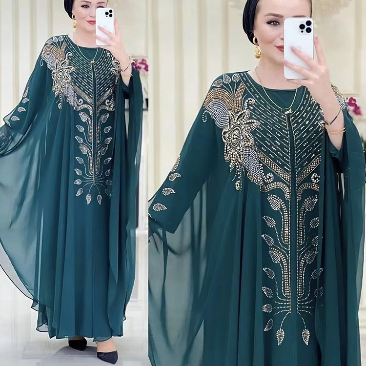 Women's African Dress Chiffon Rhinestone Robe Muslim Dresses