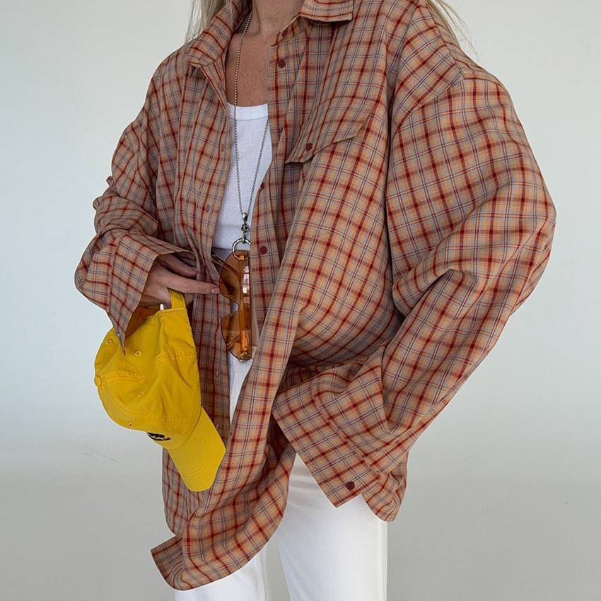 Retro Plaid Long Sleeve Design Sense Blouses