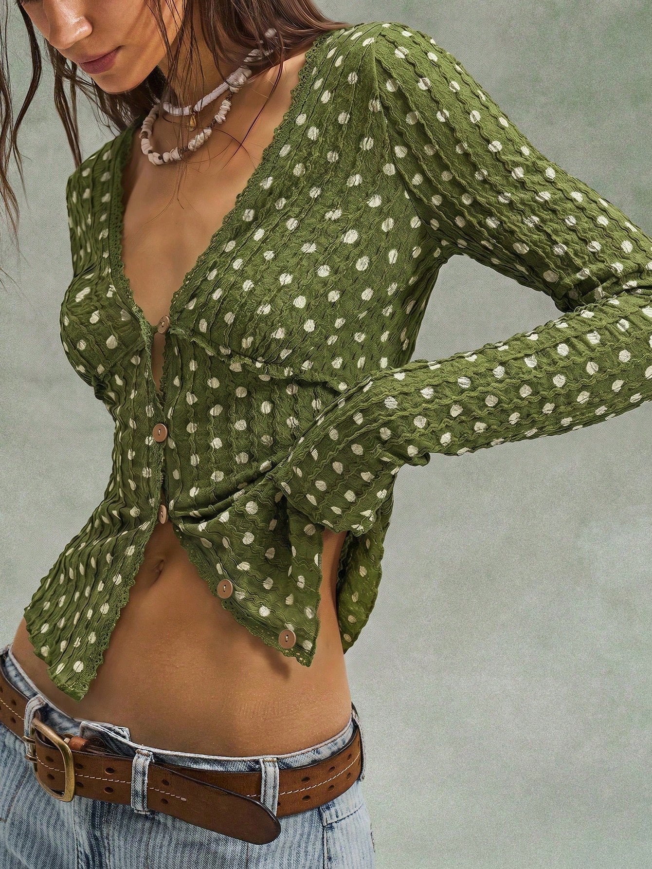 Style Polka Dot Long Sleeve Knitted Ruffled Lace Women's Sweater