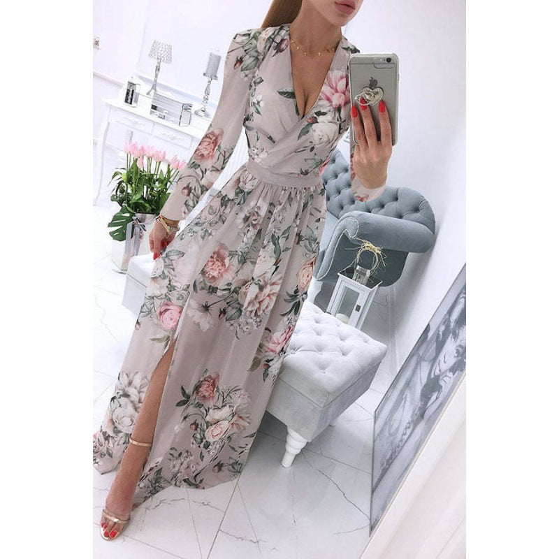 Women's Summer Long Sleeve Chiffon Printed Bohemian Dresses