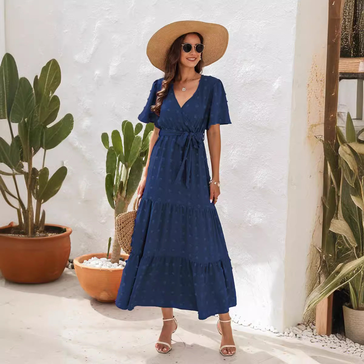 Women's High Waist Fur Ball Long Sleeve Beach Dress