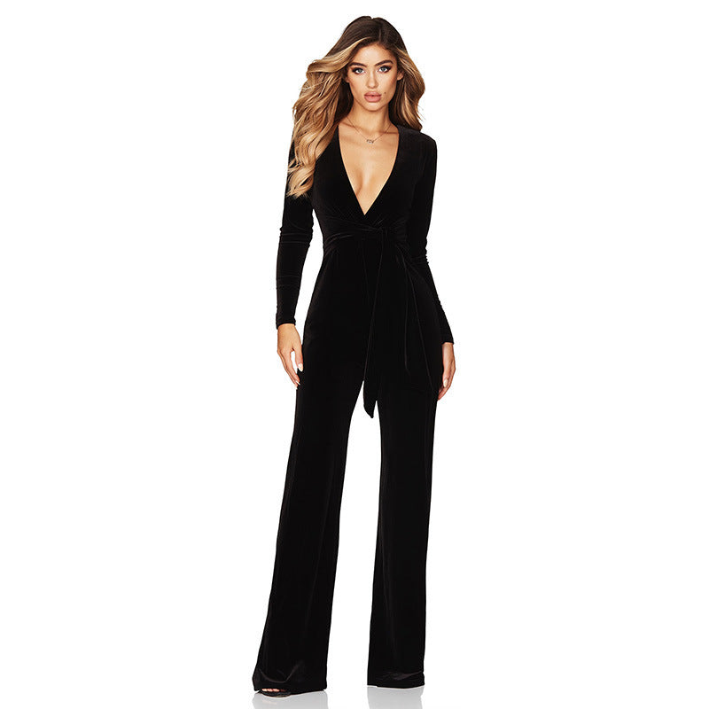 Women's Deep V Belt Fashion Suede Long Jumpsuits