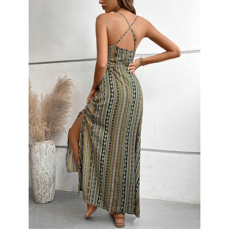 Women's Suspenders Printed Beach Slit High Waist Dress