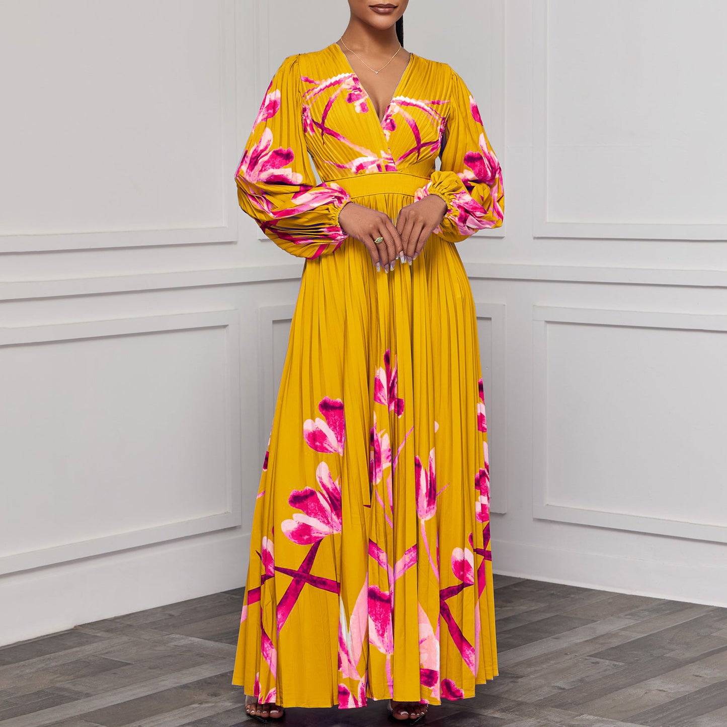 Women's Slimming Long Sleeves Printed Pleated Temperament Dress