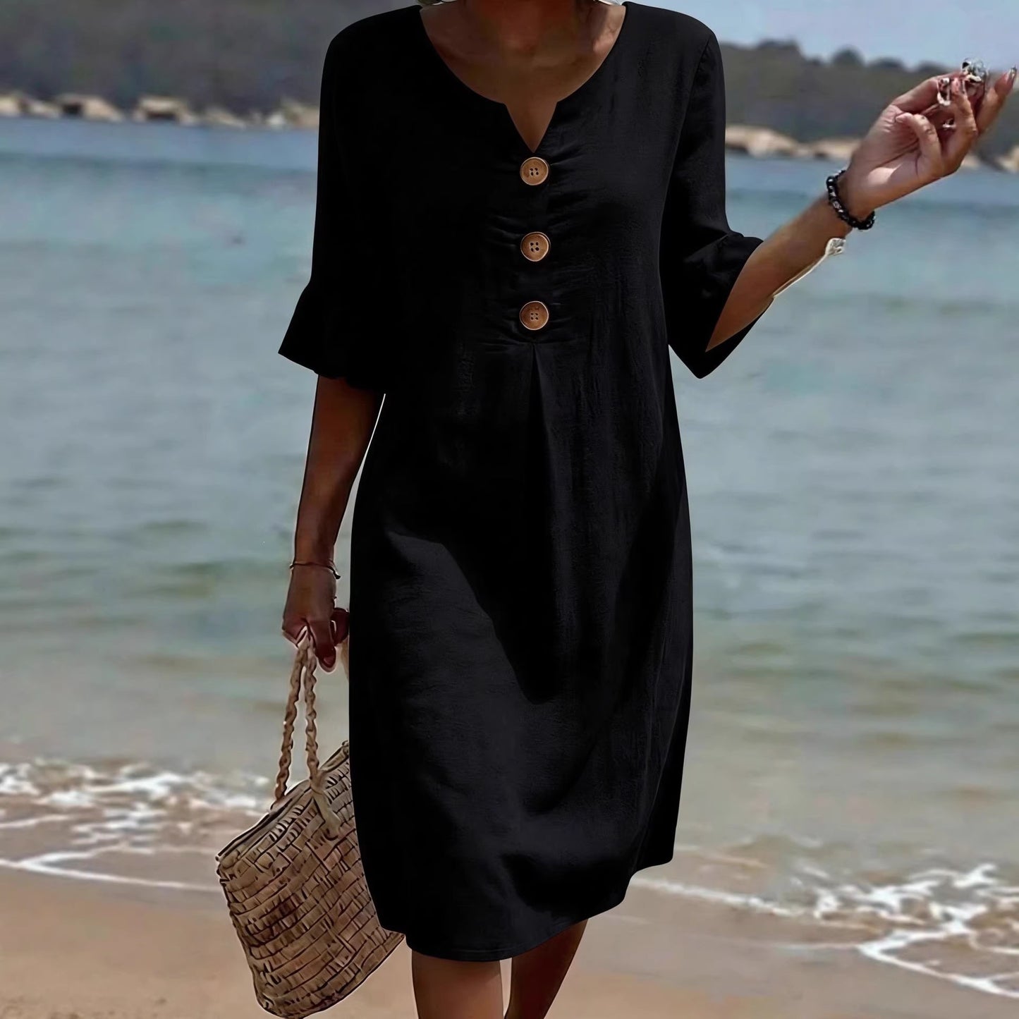 Women's Cotton Linen Large Buttons Ruffle Sleeve Dress