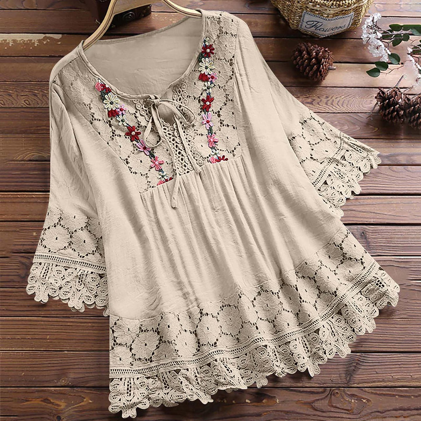Women's Summer Cotton Linen Stitching Lace Elegant Blouses