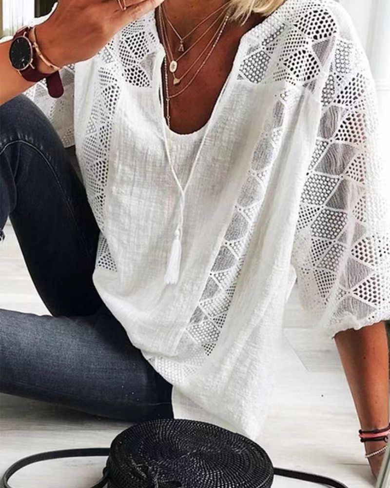 Women's Lace Shirt Stitching Collar T-shirt Blouses