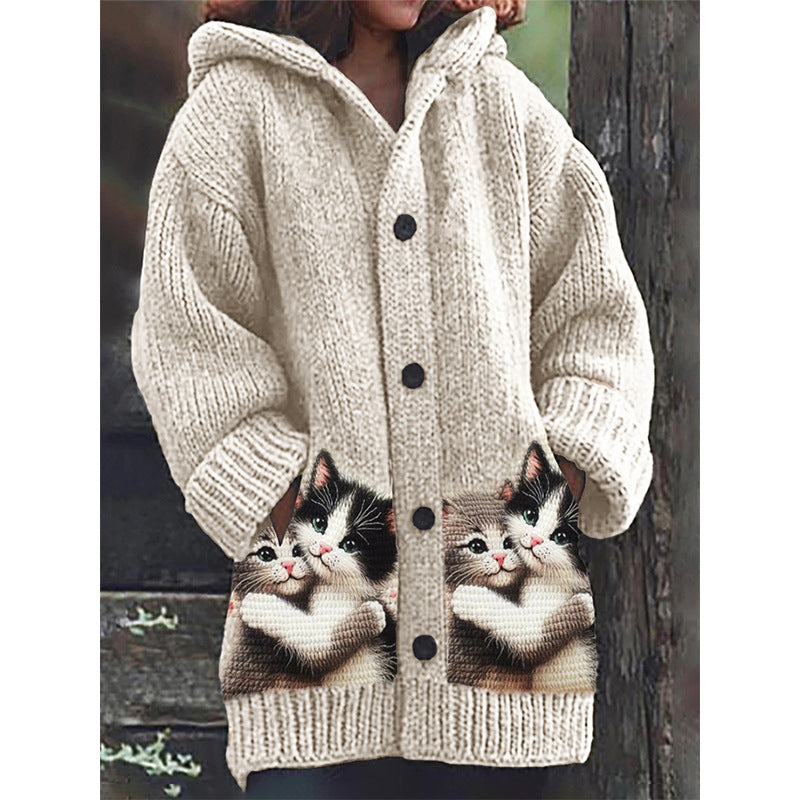 Elegant Women's Animal Cat Printing Hooded Cardigans