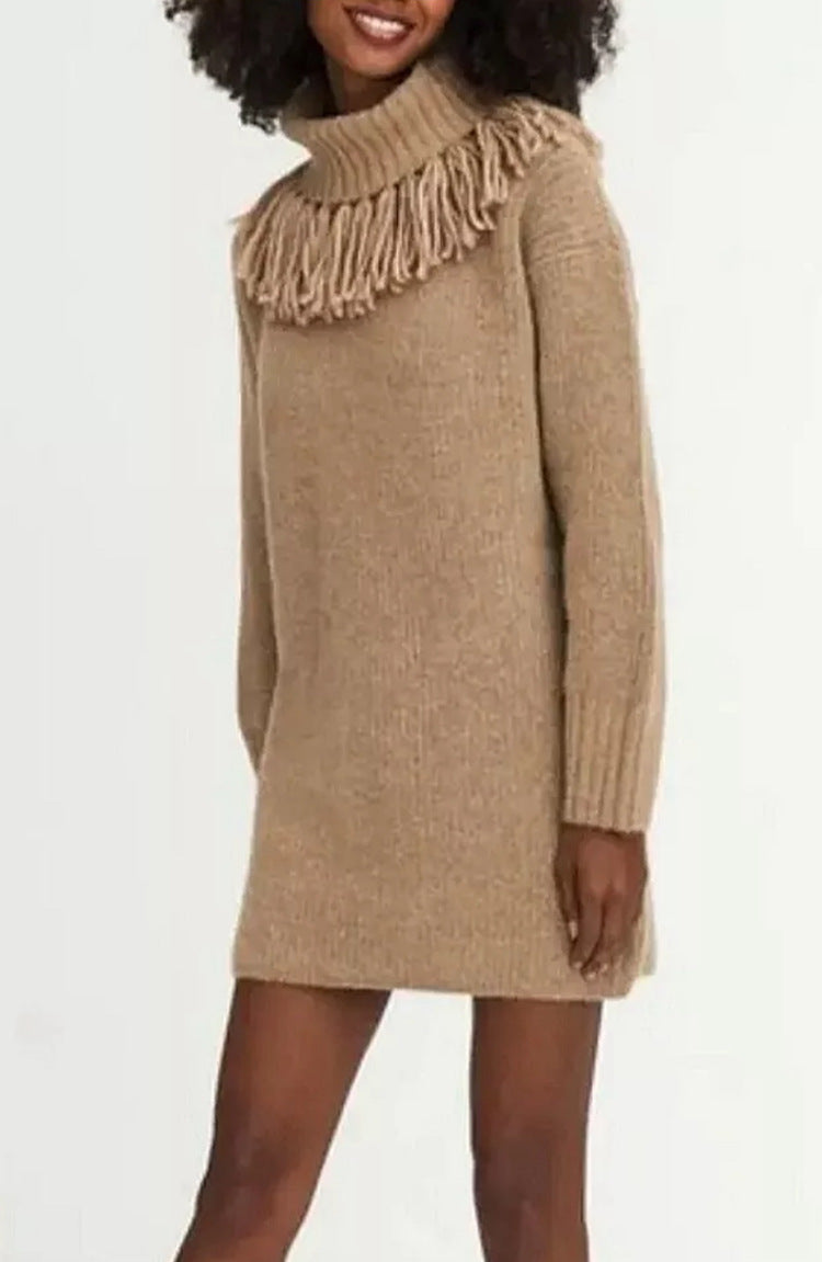 Knitted Tassel Bucket Turtleneck Dress Mid-length Women's Sweater