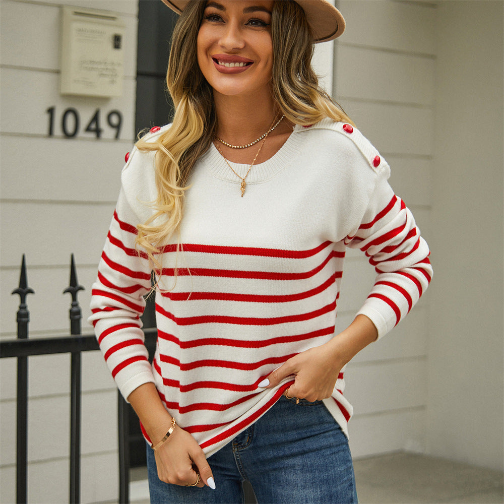 Spring Pullover Patchwork Button Striped Stitching Women's Sweater