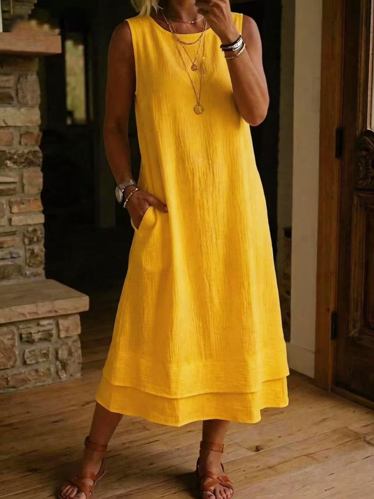 Fashion Casual Round Neck Pocket Long Solid Dress