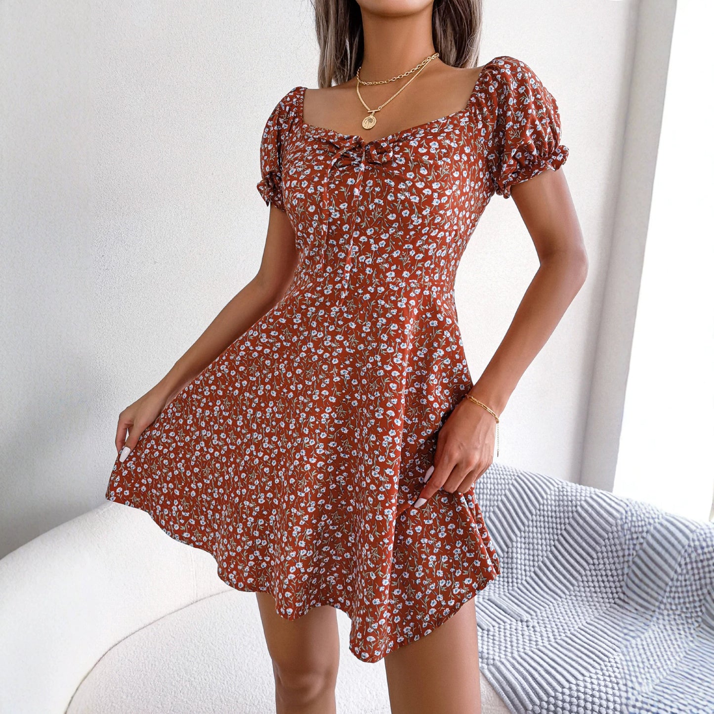 Women's Style Casual Bell Sleeve Drawstring Lace Floral Print Large Dress