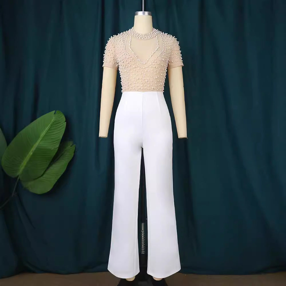 Round Neck Sleeve Beaded Casual Style High Jumpsuits