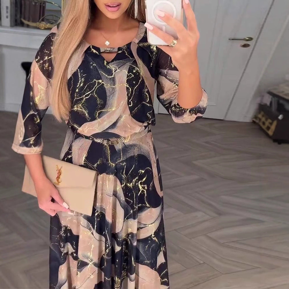 Women's Summer Fashion Printed Sleeves Waist Dress