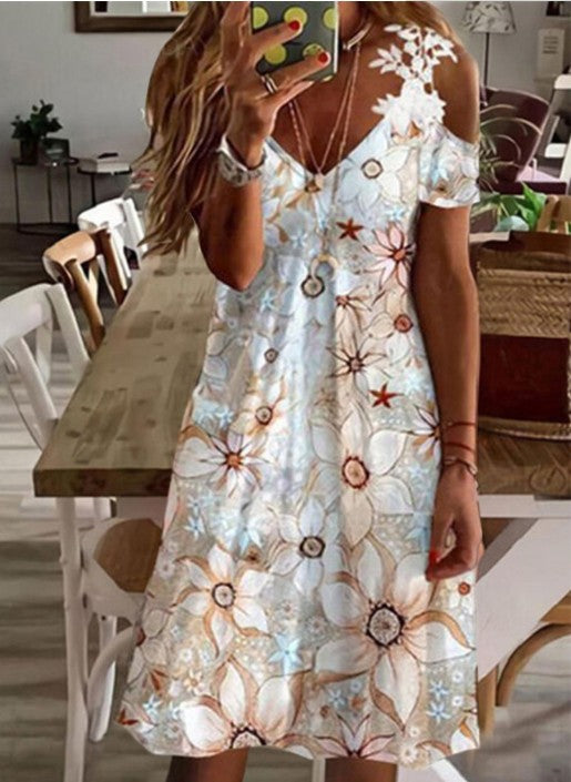 Women's Summer Lace Ruffled Sleeves Printed Dress Dresses