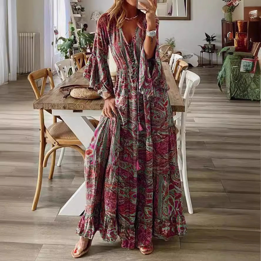 Bohemian Flare Sleeve Printed High Waist Holiday Dress