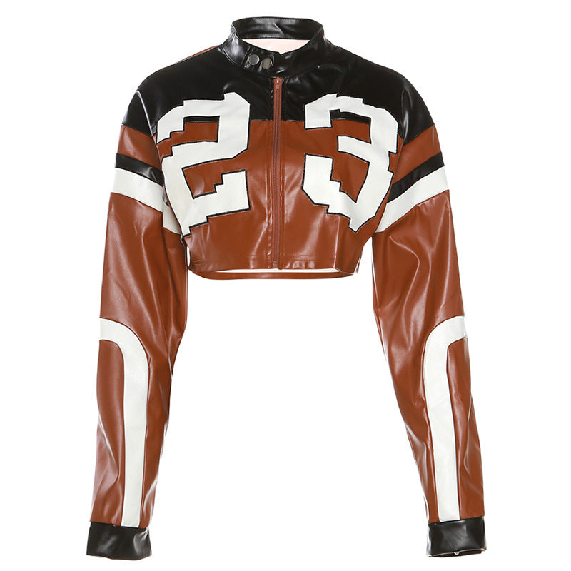 Women's Motorcycle Contrast Color Embroidery Stitching Slim Jackets