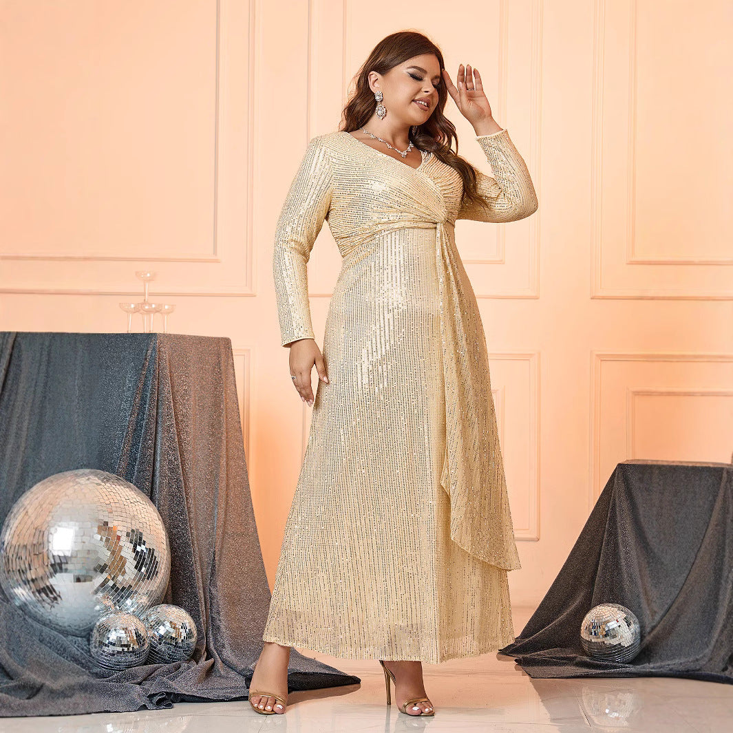 Women's Fashionable Elegant Pure Color Sequins Long Evening Dresses