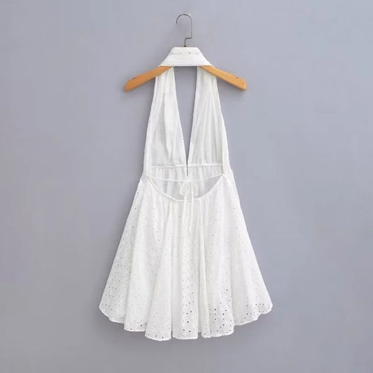 Women's Wear Autumn Hollow Embroidery Hanging Collar Dresses