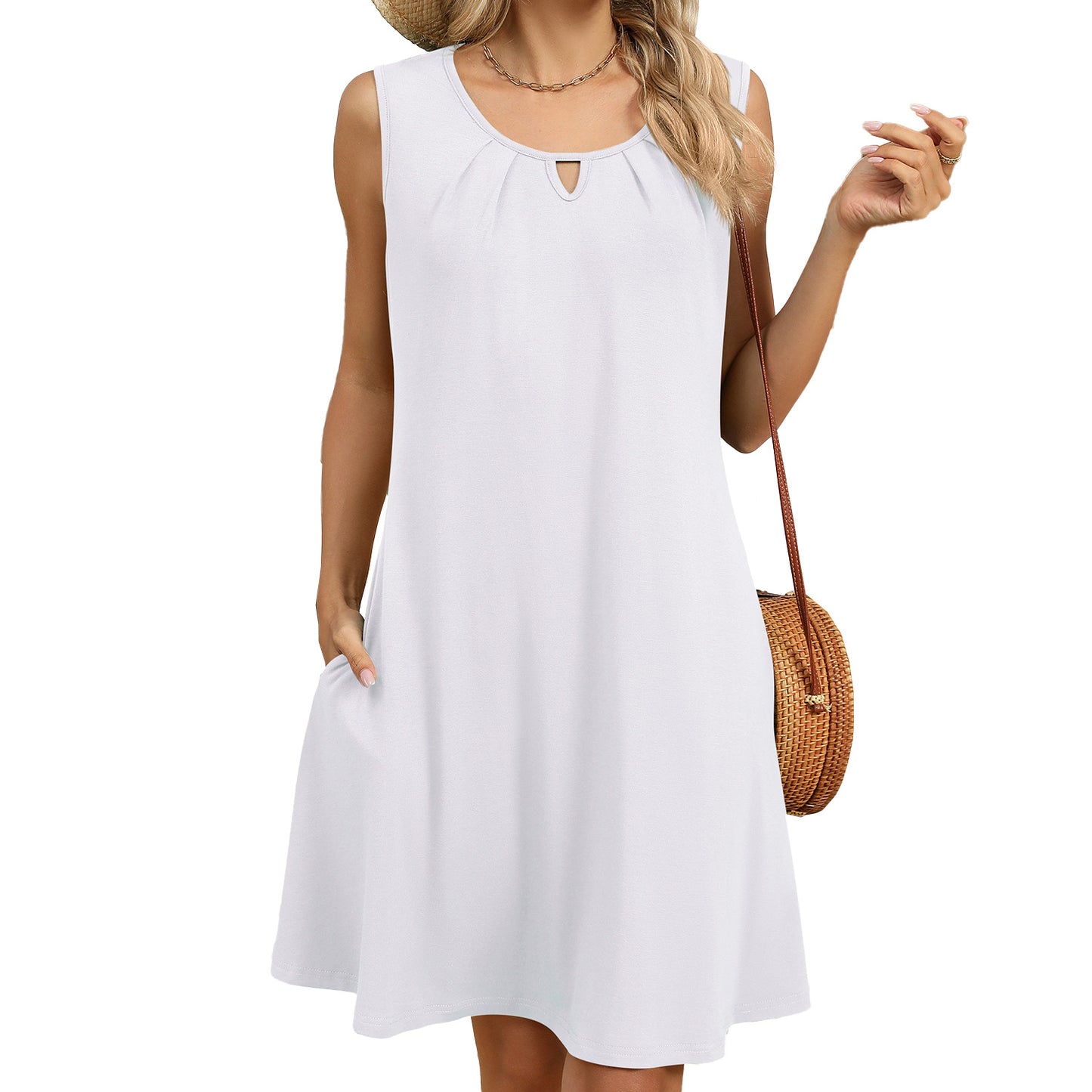Solid Color Round Neck Hollow Pleated Sleeveless Dress