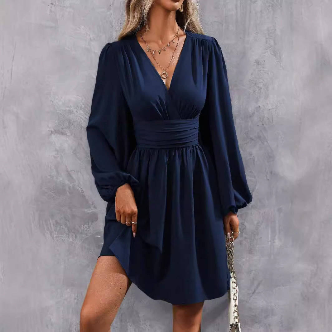 Diagonal Collar Lantern Sleeve Waist Pleated Dress