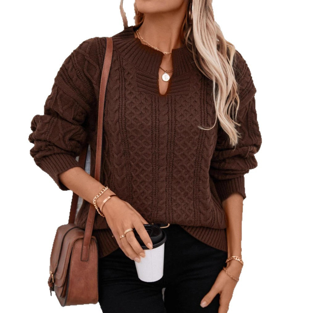 Women's Solid Color Twisted Pullover Collar Retro Loose Long Sweater
