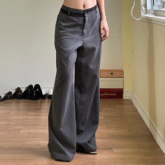 Waist Design Loose Pinstripe Straight Female Pants