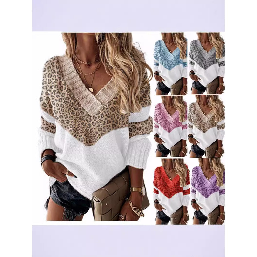 Collar Pullover Color Matching Striped Leopard Tops