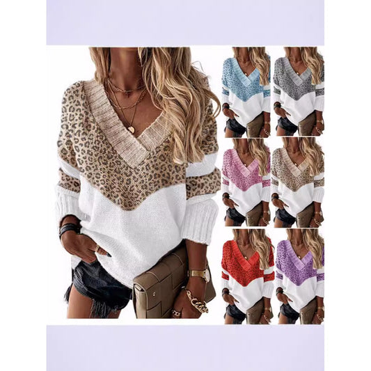 Collar Pullover Color Matching Striped Leopard Tops