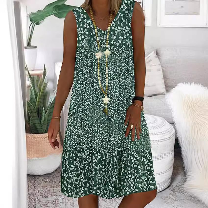 Women's Summer Small Floral Print Sleeveless Ladies Dress